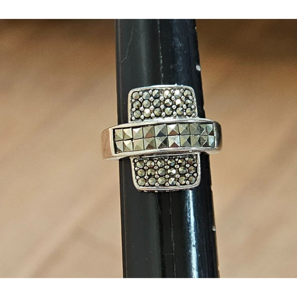 Vintage Sterling Silver NF 925 Thailand Marcasite Statement Ring Sz 7 Geometric - Picture 10 of 11